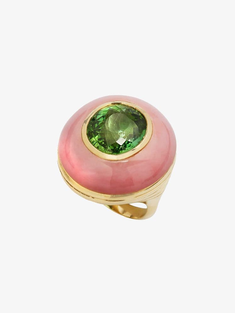 Yellow Gold Green Tourmaline &amp; Pink Opal Ring