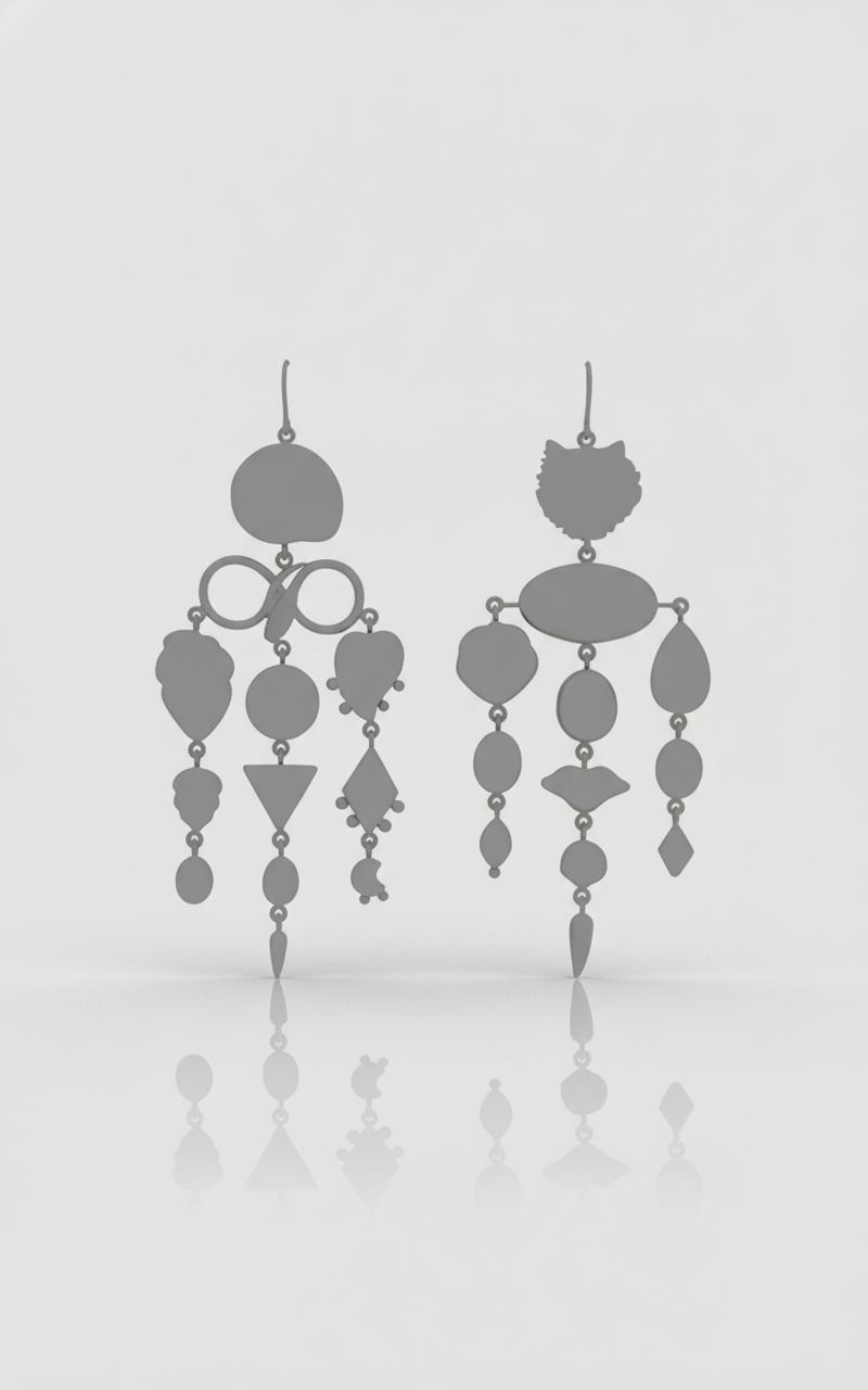 CAD-Rendered Cat's Eye Statement Earrings: Bi-Metallic & Mixed Media Composition CAD render